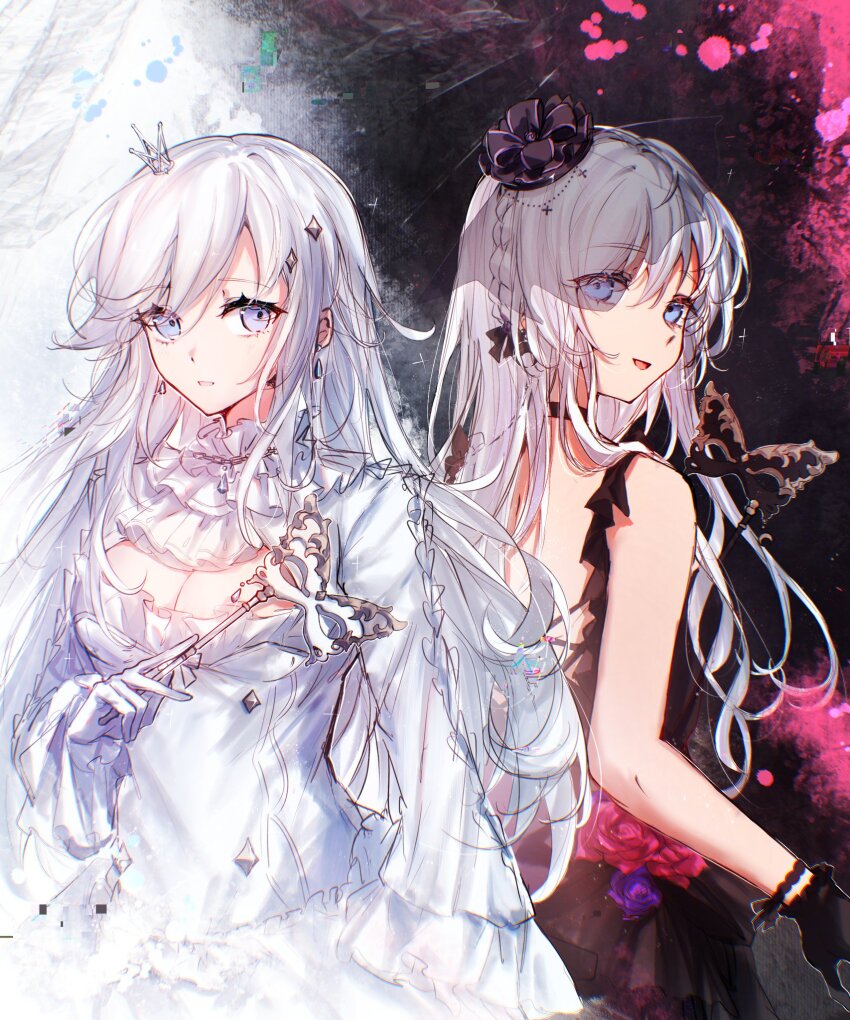 2girls aitsuki_nakuru black_dress black_gloves blue_eyes breasts cleavage cleavage_cutout clothing_cutout color_contrast contrast crown dress dual_persona gloves hair_ornament highres la_priere long_hair long_sleeves mini_crown multiple_girls muonrei00 sleeveless sleeveless_dress solo upper_body utaite white_dress white_gloves white_hair