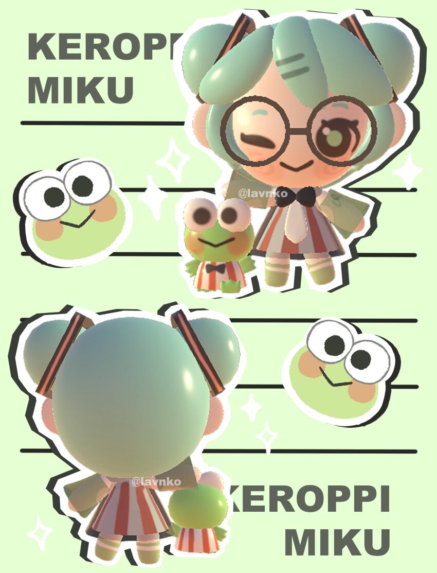 1girl 3d alternate_costume alternate_hairstyle blush chibi chibi_only detached_sleeves frog glasses hasunoue_keroppi hatsune_miku highres kero_kero_keroppi lavy_(lavnko) one_eye_closed outline round_eyewear sanrio smile vocaloid white_outline