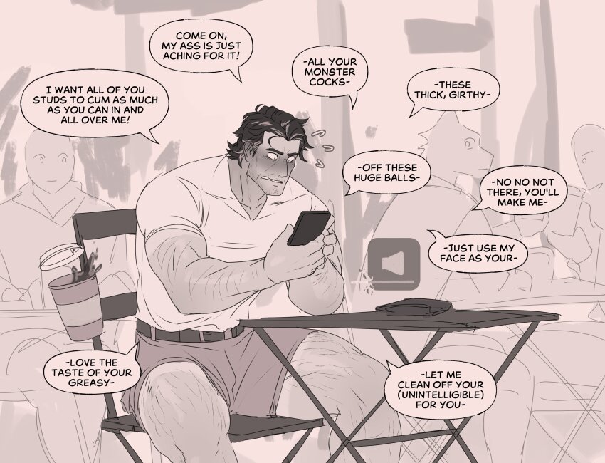 1boy 3others absurdres arm_hair bara blush cup embarrassed english_text facial_hair ghangaji highres holding holding_phone leg_hair looking_at_phone male_focus monochrome multiple_others muscular muscular_male original phone shorts sitting sketch solo_focus spilling stubble v-neck wide-eyed