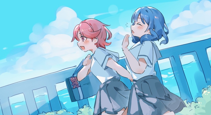 2girls :d bag bag_charm blue_hair blue_sky bush charm_(object) closed_eyes cloud commentary cowboy_shot day dutch_angle fanning_self from_side fumi_(fyvr2372) grey_skirt hanayagi_kaoruko hand_up highres horizon isurugi_futaba looking_ahead medium_hair miniskirt multiple_girls notice_lines ocean open_mouth outdoors pink_eyes pink_hair pleated_skirt profile railing sailor_collar school_bag school_uniform serafuku shirt short_hair short_sleeves shoujo_kageki_revue_starlight shoulder_bag skirt sky smile standing walking white_sailor_collar white_shirt