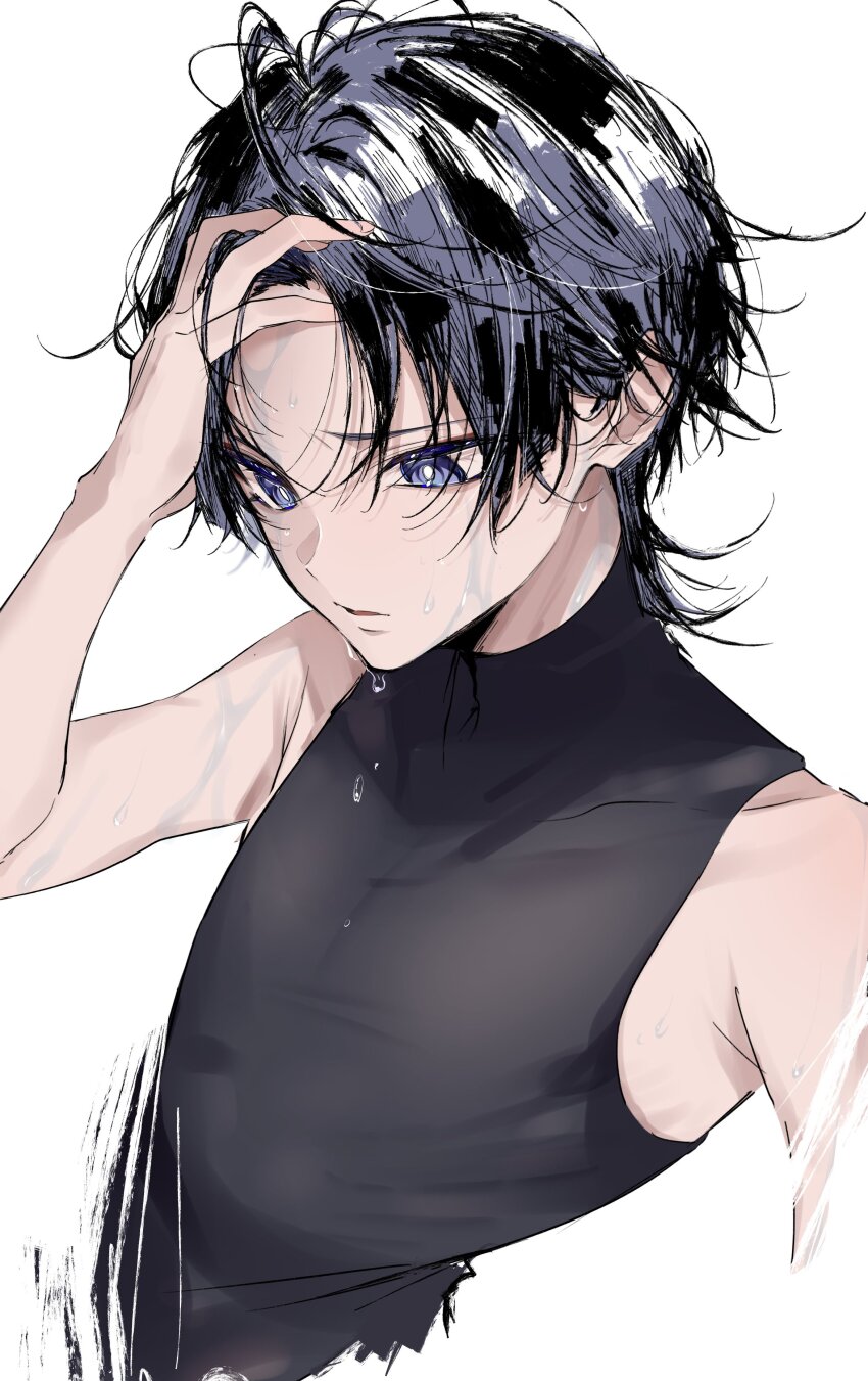1boy 5656hayururi absurdres arm_at_side armpit_crease bishounen black_bodysuit black_hair bodysuit bright_pupils covered_collarbone cropped_torso genshin_impact grey_hair hand_on_own_head hand_up highres looking_down male_focus messy_hair multicolored_hair parted_bangs parted_lips purple_eyes scaramouche_(genshin_impact) solo streaked_hair sweat turtleneck turtleneck_bodysuit upper_body wanderer_(genshin_impact) wet white_background white_hair white_pupils