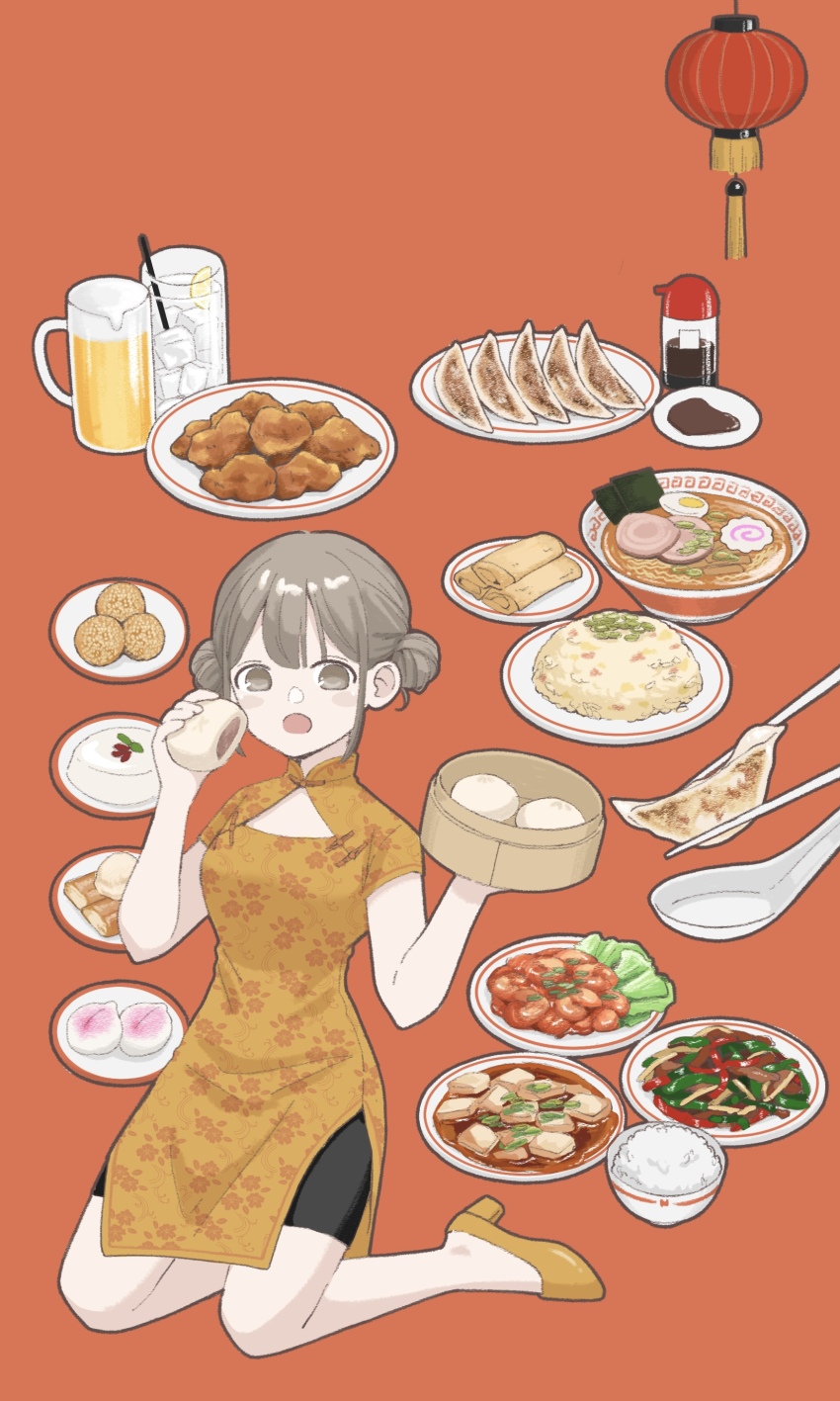 1girl absurdres bamboo_steamer beer_glass black_shorts bowl brown_eyes brown_hair china_dress chinese_clothes chopsticks collared_dress commentary_request cup double_bun dress drinking_straw dumpling egg_(food) food full_body hair_bun hardboiled_egg high_heels highres holding holding_bamboo_steamer holding_food ice ice_cube jiaozi juice kamaboko kneeling lantern mandarin_collar mapo_tofu meandros meat narutomaki noodles nori_(seaweed) nozawa_(nooo1709) open_mouth orange_dress orange_shoes original paper_lantern print_dress ramen red_background rice rice_bowl shoes short_sleeves shorts shorts_under_dress simple_background soy_sauce soy_sauce_bottle spoon spring_roll tassel vegetable water