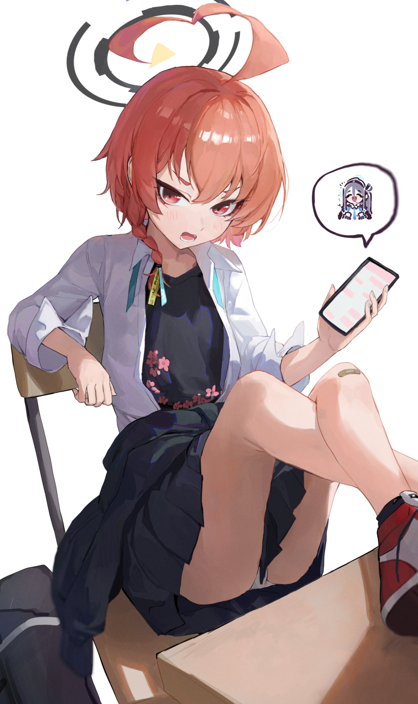 1girl absurdres aris_(blue_archive) black_halo black_jacket black_shirt black_skirt blue_archive braid cellphone chair clothes_around_waist commentary_request desk feet_on_table film_grain floral_print foot_out_of_frame halo highres holding holding_phone jacket jacket_around_waist jianjia long_sleeves looking_at_viewer miniskirt neru_(blue_archive) on_chair open_clothes open_mouth open_shirt panties pantyshot phone pleated_skirt print_shirt red_eyes red_hair red_shoes school_chair school_desk school_uniform shirt shoes short_hair simple_background sitting skirt smartphone sneakers solo speech_bubble spoken_character undershirt underwear v-shaped_eyebrows white_background white_panties white_shirt