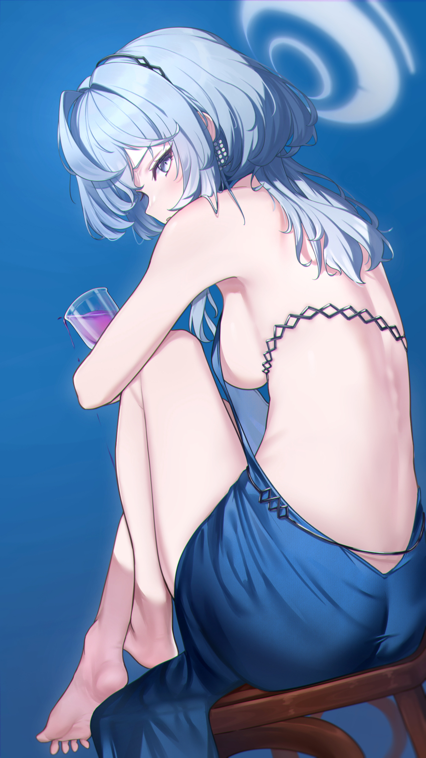 1girl absurdres ako_(blue_archive) ako_(dress)_(blue_archive) ass backless_dress backless_outfit barefoot blue_archive blue_dress blue_hair blue_halo breasts dress evening_gown halo highres kamory official_alternate_costume sideless_dress sideless_outfit sleeveless sleeveless_dress solo