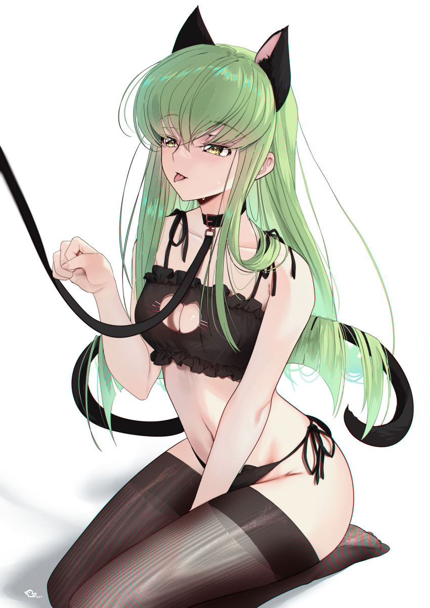 1girl :p absurdres animal_ears black_bra black_collar black_thighhighs bra breasts budgiepon c.c. cat_cutout cat_ears cat_lingerie cat_tail cleavage_cutout clothing_cutout code_geass collar commentary_request green_hair highres leash medium_breasts meme_attire solo tail thighhighs tongue tongue_out underwear yellow_eyes