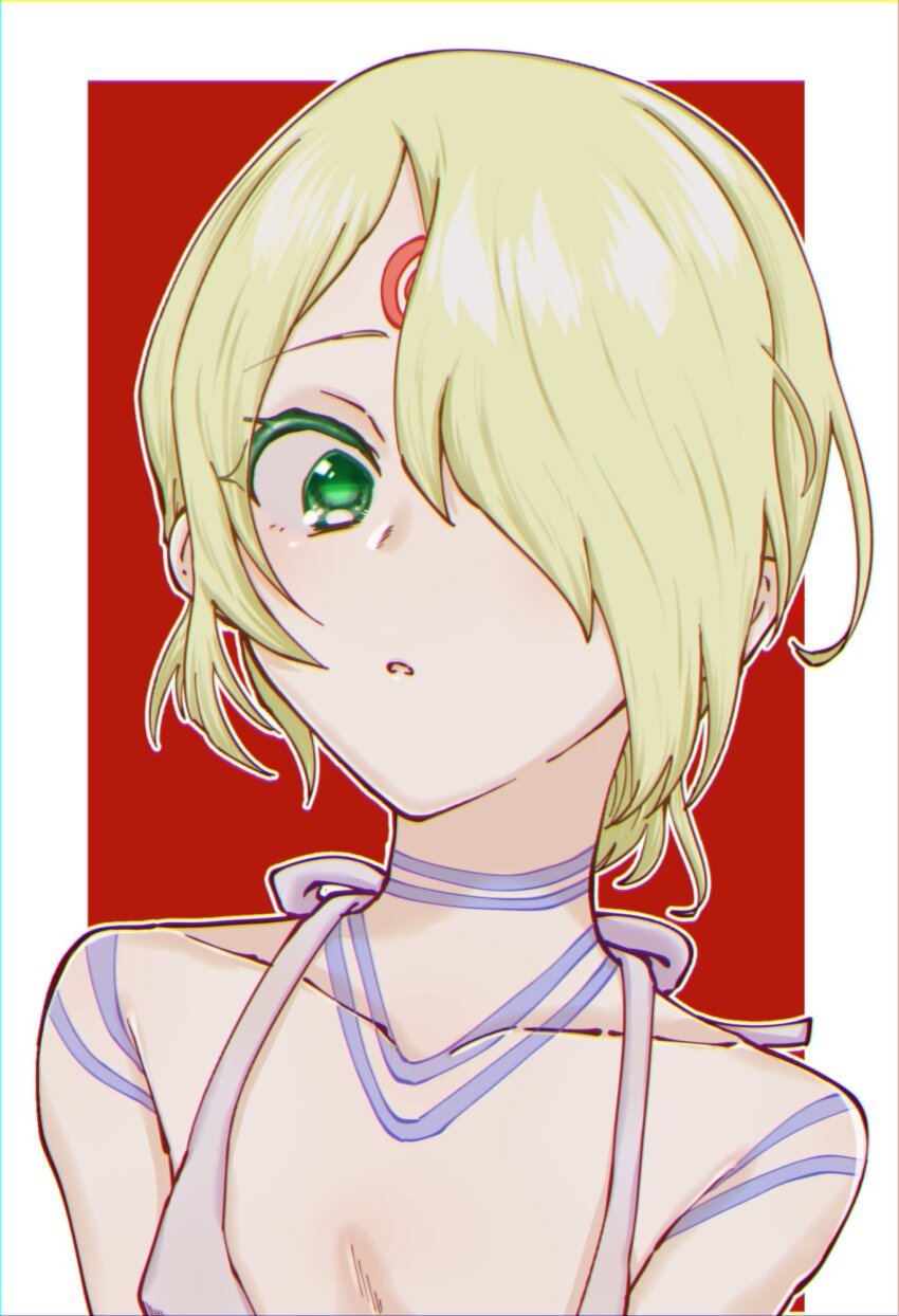 1girl blonde_hair breath_of_fire breath_of_fire_v collarbone commentary_request facial_mark green_eyes hair_over_one_eye highres looking_at_viewer nina_(breath_of_fire_v) open_mouth sanshiti short_hair solo tattoo