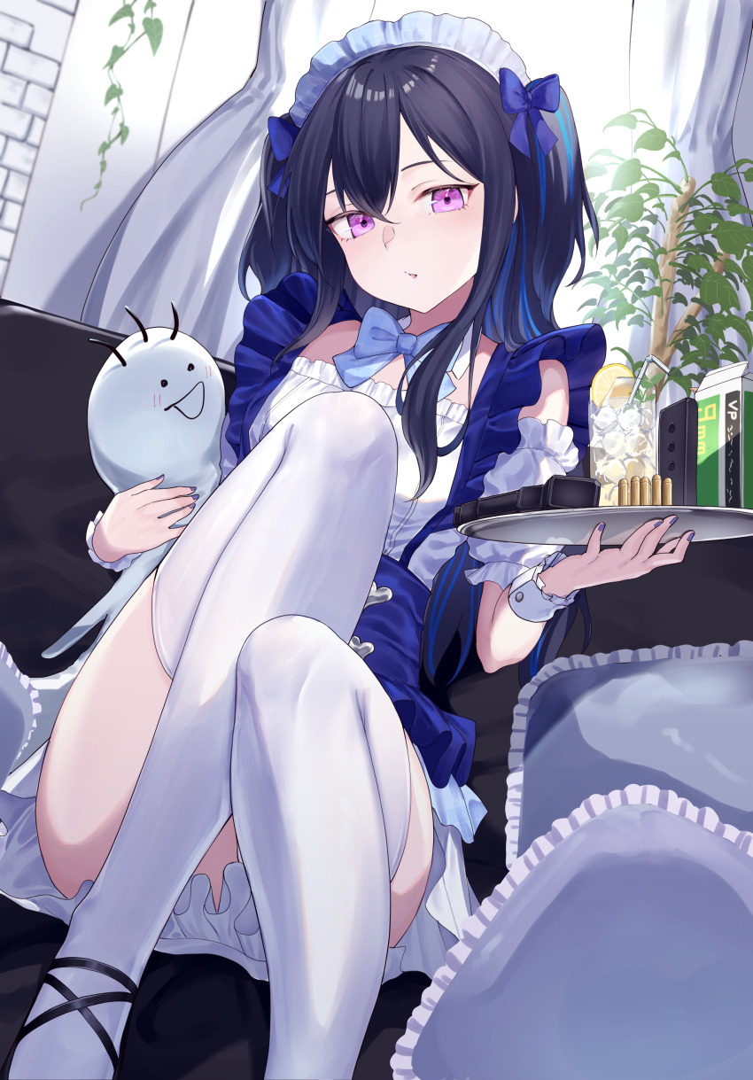 1girl absurdres alternate_costume black_hair blue_bow blue_bowtie bow bowtie bullet couch detached_collar detached_sleeves double-parted_bangs drink drinking_straw food frilled_pillow frills fruit hair_between_eyes hair_bow highres holding holding_stuffed_toy holding_tray ice ice_cube ichinose_uruha kairi_(miry666) knees_up lemon lemon_slice looking_at_viewer lupinus_virtual_games magazine_(weapon) maid maid_headdress multicolored_hair nail_polish parted_lips pillow plant puffy_sleeves purple_eyes sitting solo streaked_hair stuffed_toy thighhighs tray two_side_up virtual_youtuber vspo! white_thighhighs wrist_cuffs