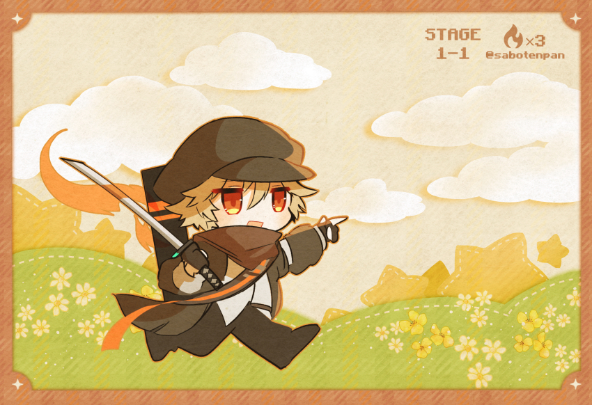 1boy :d arknights bandana black_gloves black_hat black_jacket black_pants black_shoes border brown_border newsboy_cap chibi fingerless_gloves flower full_body gloves hair_between_eyes hat highres holding holding_sword holding_weapon jacket katana light_brown_hair long_sleeves male_focus oonohara_kenya open_clothes open_jacket open_mouth pants pointing puffy_long_sleeves puffy_sleeves red_(npc)_(arknights) red_eyes running shirt shoes smile solo star_(symbol) star_symbol_background sword weapon white_flower white_shirt yellow_flower
