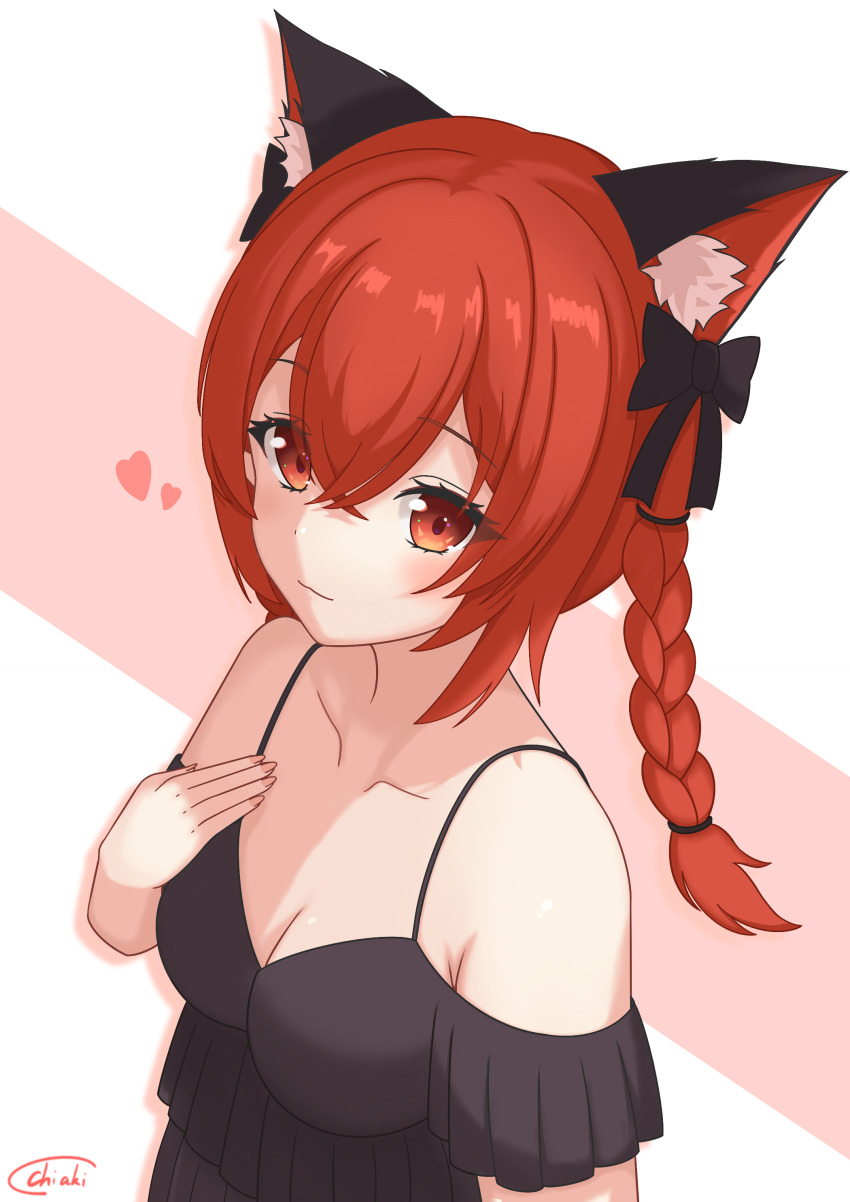 1girl absurdres alternate_costume animal_ears black_bow blush bow braid breasts cat_ears cat_girl chiaki_koizumi cleavage closed_mouth commentary_request hair_bow heart highres kaenbyou_rin looking_at_viewer pink_background red_eyes signature solo touhou two-tone_background upper_body white_background