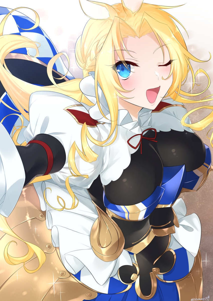 1girl ;d absurdres animal_ears arm_up armor black_bodysuit blonde_hair blue_eyes bodysuit boobplate braid breastplate breasts centaur commentary_request cowboy_shot french_braid highres horse_ears large_breasts long_hair looking_at_viewer mari_(rodoney-kiara) monster_girl monster_musume_no_oisha-san one_eye_closed open_mouth parted_bangs partial_commentary red_ribbon ribbon saddle shrug_(clothing) sidelocks smile solo sparkle standing taur tisalia_scythia twitter_username