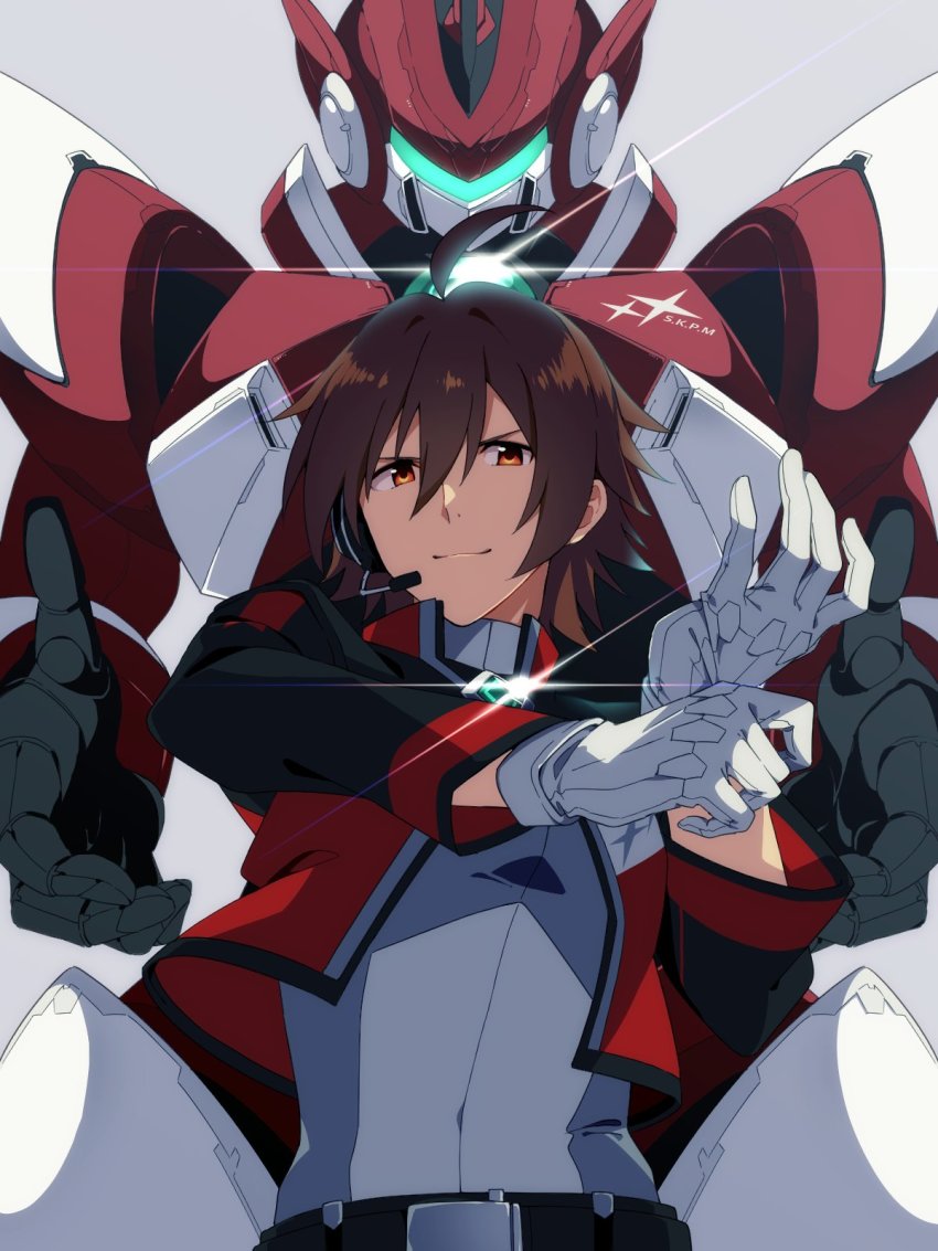 1boy adjusting_clothes adjusting_gloves ahoge amagase_touma april_fools brown_eyes brown_hair closed_mouth ebony_nightmare gleam gloves grin headset highres idolmaster idolmaster_side-m looking_at_viewer male_focus mecha robot short_hair simple_background smile solo white_background white_gloves