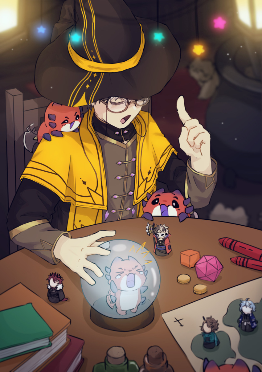 1girl alternate_costume animal animal_on_shoulder black_hair book book_stack bottle capelet chair coin crayon creature crimzon_ruze crystal_ball dice goldbullet grey_hair hat highres holostars holostars_english index_finger_raised jurard_t_rexford miamisuki miniature multicolored_hair octavio open_mouth round_eyewear ruzader_(crimzon_ruze) sharp_tail sitting table virtual_youtuber wizard_hat