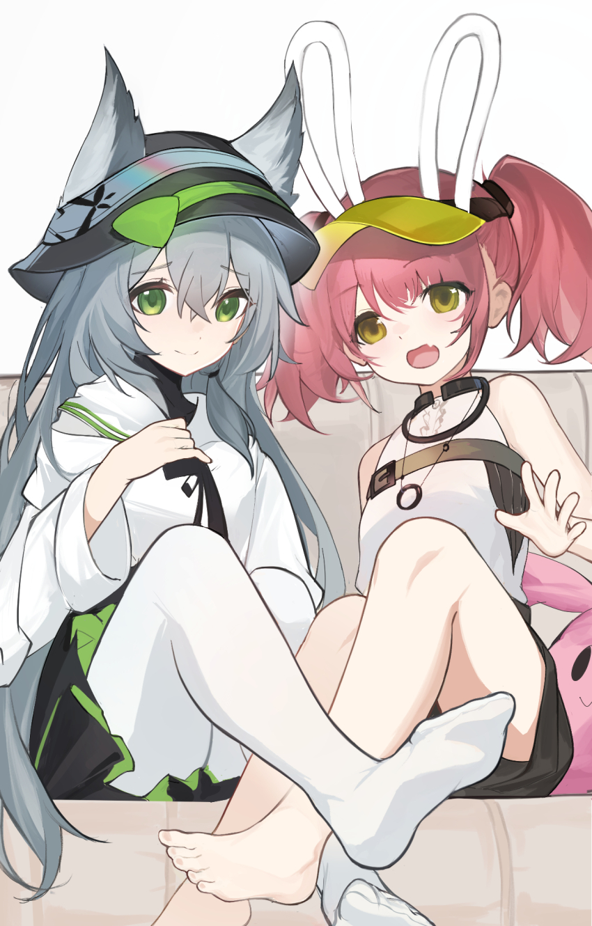 2840230290 2girls animal_ears bare_shoulders barefoot black_shorts couch dushevnaya_(neural_cloud) fake_animal_ears fang feet girls&#039;_frontline girls&#039;_frontline_neural_cloud green_eyes grey_hair hat highres ksvk_(girls&#039;_frontline) long_hair multiple_girls pantyhose pink_hair shirt short_shorts shorts sitting skin_fang sleeveless taisch_(neural_cloud) twintails visor_cap white_pantyhose white_shirt