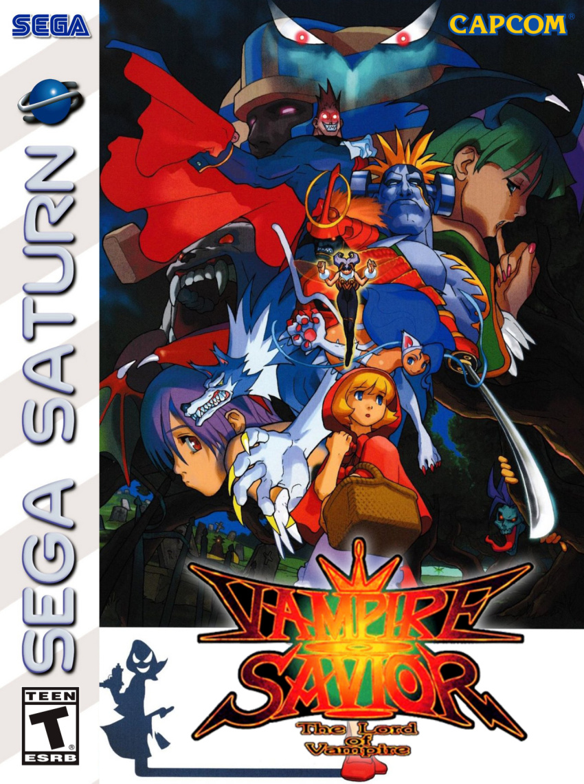 anakaris b.b._hood bare_shoulders basket bengus blonde_hair darkstalkers demitri_maximoff demon_girl fangs felicia_(darkstalkers) finger_to_mouth game_console highres jedah_dohma jon_talbain lilith_(darkstalkers) little_red_riding_hood_(grimm) lord_raptor morrigan_aensland official_art purple_hair q-bee red_eyes sasquatch_(darkstalkers) sega_saturn vampire vampire_savior:_the_lord_of_vampire victor_von_gerdenheim werewolf