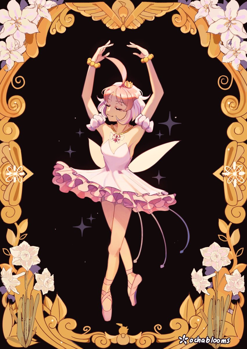 1girl absurdres ahiru_(princess_tutu) ahoge arms_up ballerina ballet ballet_slippers bead_bracelet beads bracelet closed_eyes commentary crown dress english_commentary floral_background flower full_body highres jewelry magical_girl mini_crown necklace pink_hair pink_shoes princess_tutu princess_tutu_(character) shoes short_hair solo standing strapless strapless_dress tasalisay tiptoes tutu white_dress
