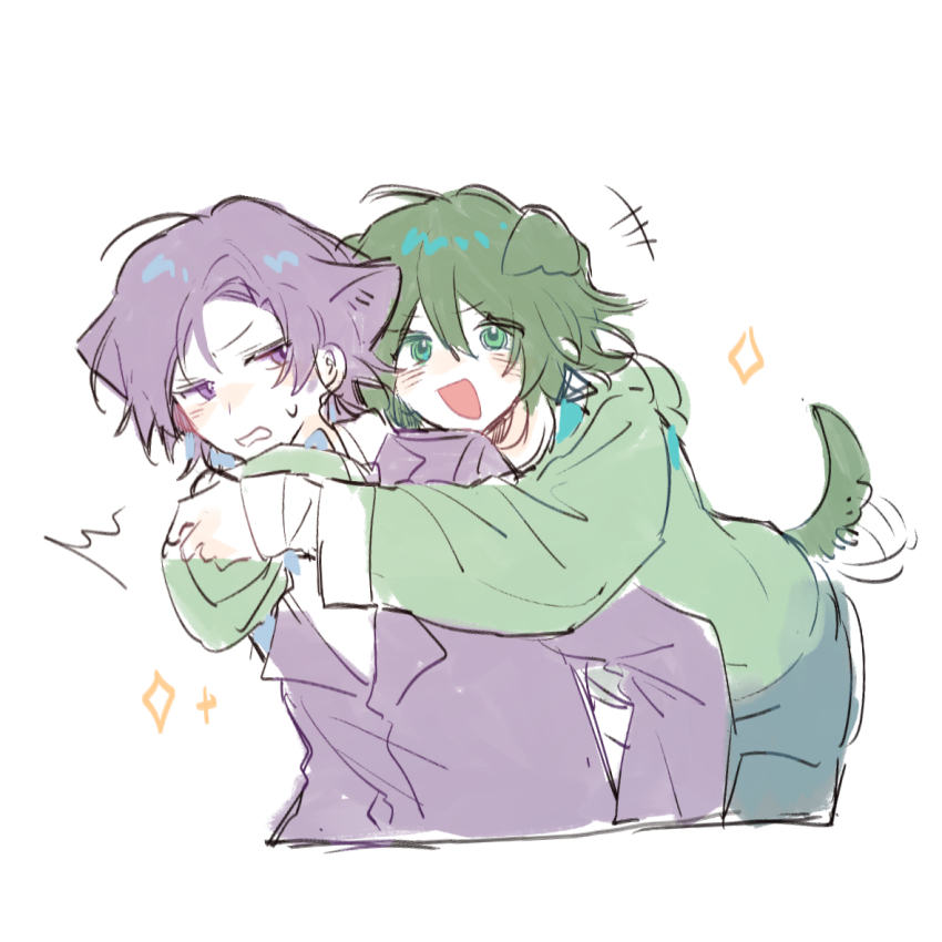 16personalities 1boy 1girl animal_ears blue_pants campaigner_(16personalities) cat_ears chinese_commentary collared_shirt commentary_request cowboy_shot debater_(16personalities) dog_ears dog_tail green_eyes green_hair green_hoodie hood hoodie jacket long_sleeves mouyimouyi open_mouth pants purple_eyes purple_hair purple_jacket shirt short_hair simple_background smile sweat tail white_background white_shirt