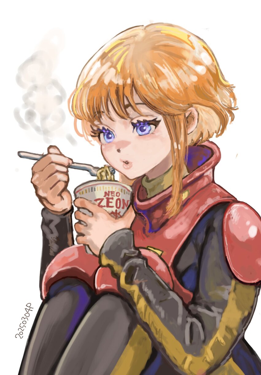 1girl cup cup_ramen disposable_cup fork gundam gundam_zz highres holding holding_fork legs_together looking_at_food okrdisk2000 orange_hair purple_eyes puru_two solo steam white_background