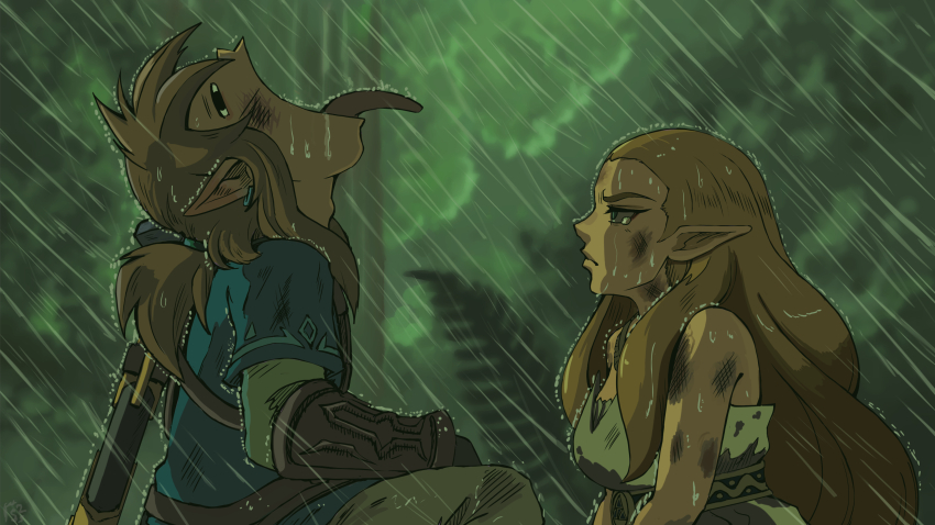 1boy 1girl absurdres annoyed blonde_hair blue_tunic brown_hair champion&#039;s_tunic_(zelda) dirty dress from_side goku_and_vegeta_in_the_rain_(meme) highres link long_hair meme nintendo open_mouth rain stoic_seraphim strapless strapless_dress tears the_legend_of_zelda the_legend_of_zelda:_breath_of_the_wild tunic white_dress