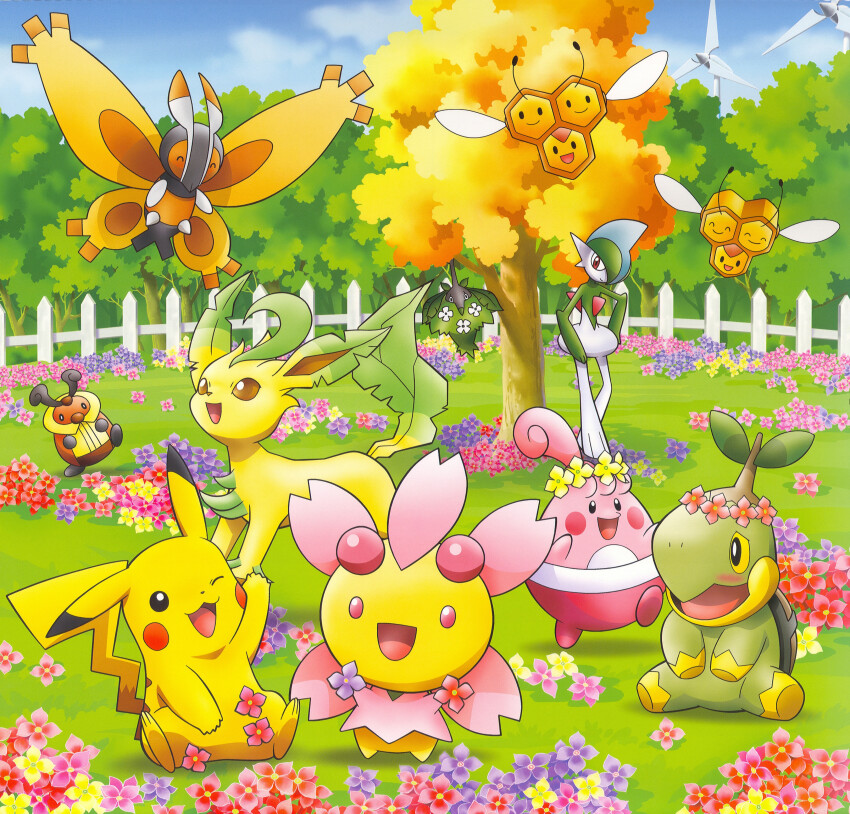 :3 :d absurdres antennae arm_up artist_request blue_sky blush brown_eyes bug cherrim cherrim_(sunshine) closed_eyes closed_mouth cloud combee creatures_(company) day dot_nose fence flower gallade game_freak gen_1_pokemon gen_4_pokemon happiny head_wreath highres holding holding_flower insect_wings kricketot leafeon mothim nintendo no_humans official_art one_eye_closed open_mouth outdoors pikachu pink_eyes pink_flower pokemon pokemon_(creature) pokemon_focus purple_flower red_eyes red_flower scan sky smile standing third-party_source tree turtwig wind_turbine windmill wings wormadam wormadam_(plant) yellow_flower