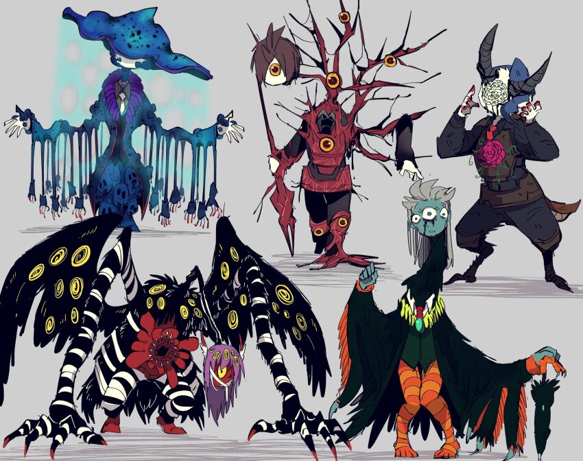 5others apocalypse_bird beauty_and_the_beast_(project_moon) black_blood black_swan_(e.g.o) black_wings blood brown_hair dream_of_a_black_swan e.g.o_(project_moon) employee_(project_moon) extra_eyes full_body grey_background grey_hair heaven_(e.g.o) highres holding holding_polearm holding_weapon horns lobotomy_corporation long_hair looking_at_viewer monster monsterification multiple_others mushroom nugget_(project_moon) polearm project_moon purple_hair sabaage simple_background the_burrowing_heaven the_little_prince_(project_moon) twilight_(e.g.o) weapon wings
