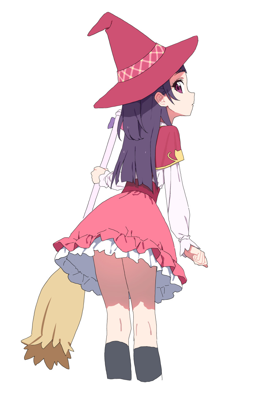 1girl absurdres broom dress from_behind hat highres hiji_rida izayoi_liko kneehighs long_hair long_sleeves looking_at_viewer looking_back magic_school_uniform_(mahou_girls_precure!) mahou_girls_precure! precure purple_eyes purple_hair red_dress school_uniform skirt socks solo standing white_background witch_hat