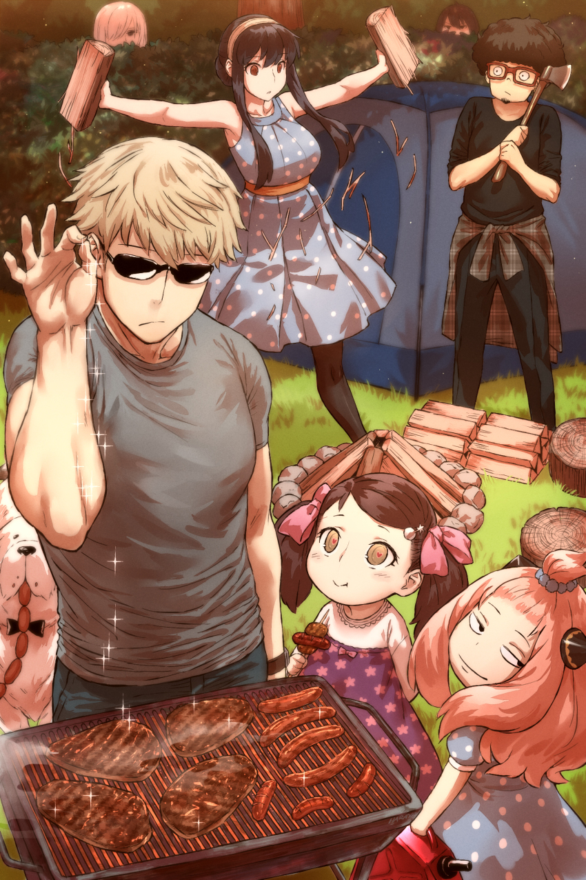 3boys 4girls afro animal anya_(spy_x_family) axe beard becky_blackbell black_bow black_bowtie black_hair black_pants black_pantyhose black_shirt blonde_hair bond_(spy_x_family) bow bowtie breaking breasts brown_eyes brown_hair bush child clothes_around_waist cooking dog dress eating facial_hair family fiona_frost food franky_franklin gas_can glasses grass great_pyrenees grey_shirt grill grilling hairband haraya_manawari heart heart-shaped_pupils hiding highres holding holding_axe holding_food large_breasts long_hair looking_at_another meat meme multiple_boys multiple_girls pants pantyhose pink_hair plaid polka_dot polka_dot_dress red_eyes salt_bae_(meme) sausage shirt short_hair sparkle spy_x_family steak steam sunglasses symbol-shaped_pupils t-shirt tent twilight_(spy_x_family) twintails white_hairband wood yor_briar yuri_briar