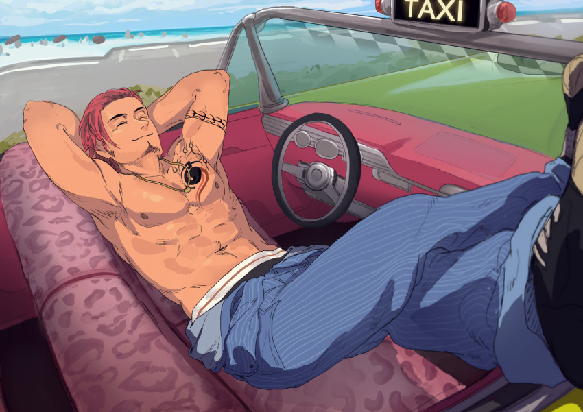 1boy abs angel_(crazy_taxi_3:_high_roller) arm_tattoo arms_behind_head beach car car_interior chest_tattoo closed_eyes crazy_taxi_3:_high_roller day facial_hair goatee highres jumpsuit legs_up male_focus motor_vehicle muscular muscular_male nipples pectorals red_hair shirtless_male sideburns smile tattoo taxi topless_male underwear