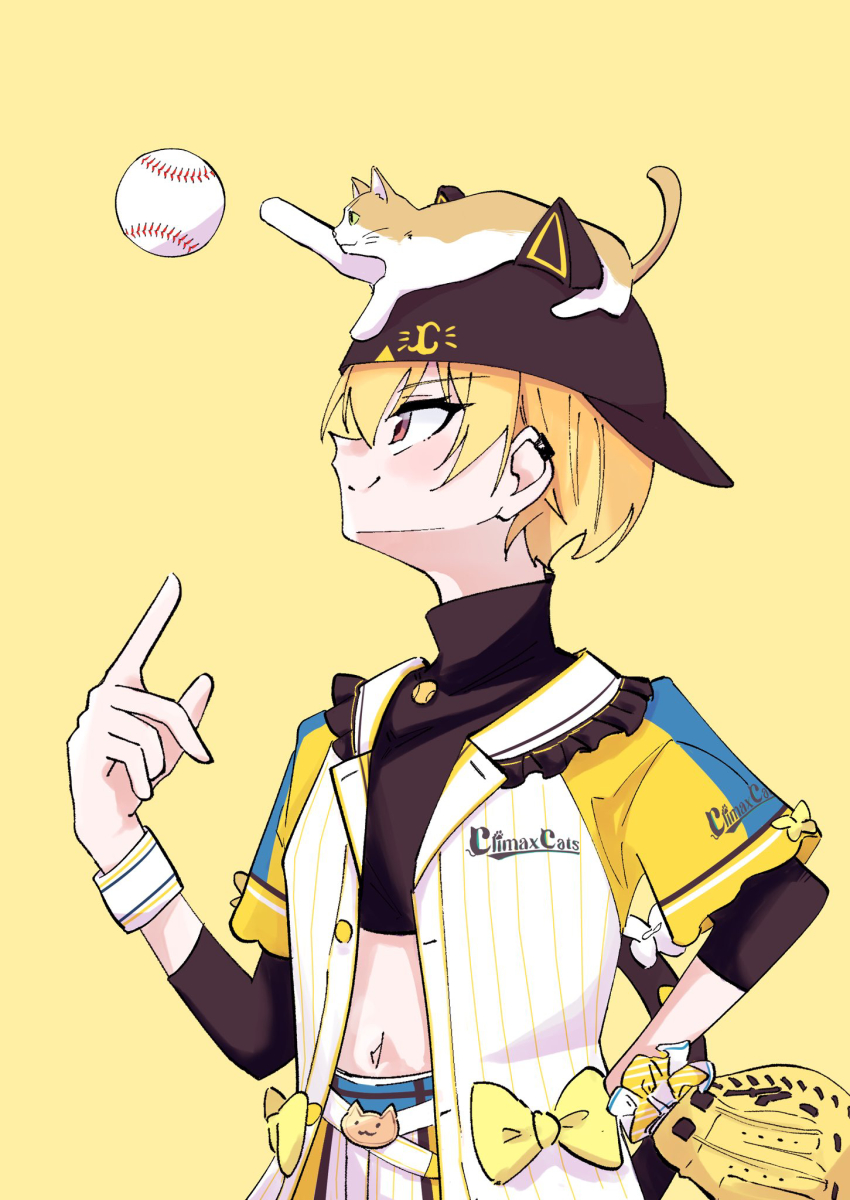 46ym animal animal_ear_headwear animal_hat animal_on_head backwards_hat baseball_cap baseball_glove baseball_jersey baseball_uniform bell belt blonde_hair bow c.cats_uniform_(idolmaster) cat cat_hat cat_on_head cat_tail cropped_shirt ear_cuffs fake_animal_ears frilled_shirt_collar frilled_wrist_cuffs frills from_side hand_on_own_hip hat highres idolmaster idolmaster_shiny_colors index_finger_raised jersey midriff neck_bell on_head open_clothes open_shirt red_eyes saijo_juri shirt sportswear striped_clothes striped_shirt striped_sweatband tail tail_bow tail_ornament three-quarter_sleeves turtleneck turtleneck_shirt vertical-striped_clothes vertical-striped_shirt wrist_cuffs yellow_background