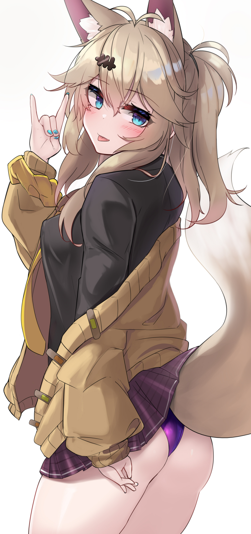 1girl absurdres animal_ear_fluff animal_ears ass black_shirt blonde_hair blue_eyes blue_nails commentary_request cowboy_shot fox_ears fox_girl fox_shadow_puppet fox_tail from_behind highres jacket kutan long_hair long_sleeves looking_at_viewer looking_back miniskirt original panties plaid_clothes plaid_skirt pleated_skirt purple_panties purple_skirt shirt simple_background skirt solo tail tongue tongue_out underwear white_background yellow_jacket