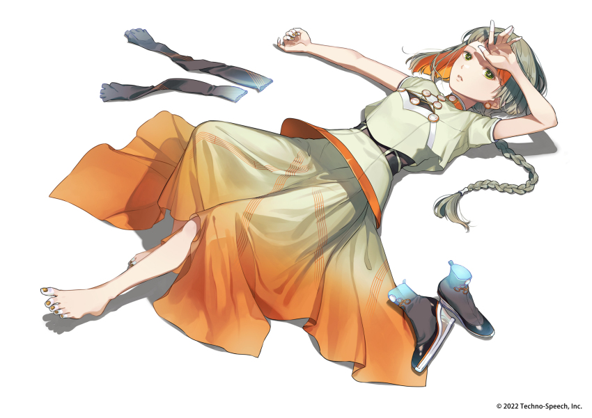 1girl barefoot black_gloves braid braided_ponytail cherico chis-a colored_inner_hair commentary_request elbow_gloves fingerless_gloves fingernails flat_chest gloves green_eyes green_hair green_shirt green_skirt highres long_hair long_skirt looking_at_viewer lying multicolored_hair official_art orange_hair orange_skirt parted_lips second-party_source shirt shoes short_sleeves simple_background skirt solo teeth toenails unworn_gloves unworn_shoes voisona white_background yellow_nails
