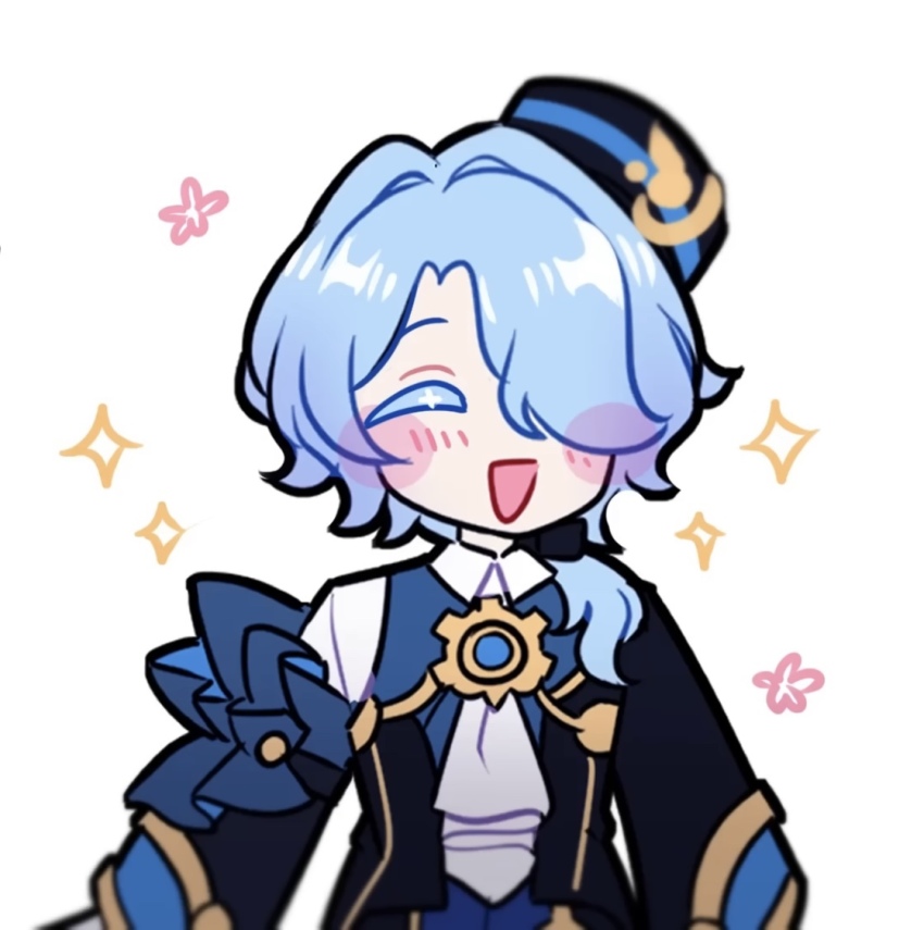1boy ^_^ asymmetrical_hair black_coat blue_hair blush_stickers blush_visible_through_hair child closed_eyes coat colored_eyelashes cross-shaped_pupils hair_over_one_eye happy_aura hat honkai:_star_rail honkai_(series) light_blue_hair male_focus misha_(honkai:_star_rail) simple_background solo sparkle sparkling_aura symbol-shaped_pupils upper_body white_background
