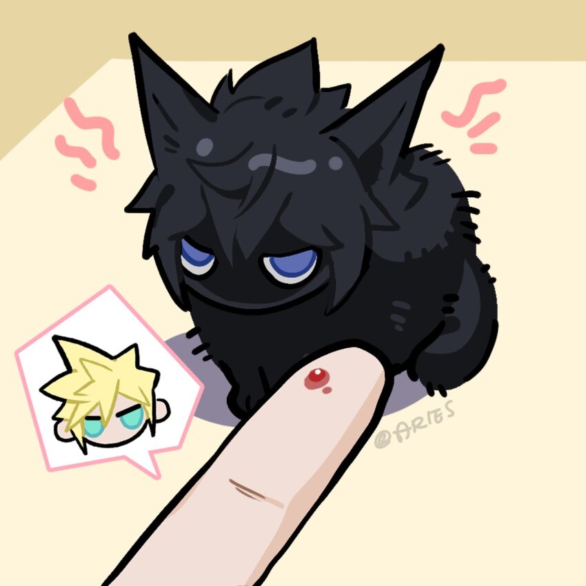 1boy angry animalization aqua_eyes aries20770321 artist_name baby_animal black_fur black_hair blonde_hair blood blue_eyes cat cloud_strife commentary english_commentary final_fantasy final_fantasy_vii final_fantasy_xv glaring highres in-franchise_crossover injury jitome kitten male_focus noctis_lucis_caelum photo-referenced pointing pov pov_hands short_hair spiked_hair yellow_background