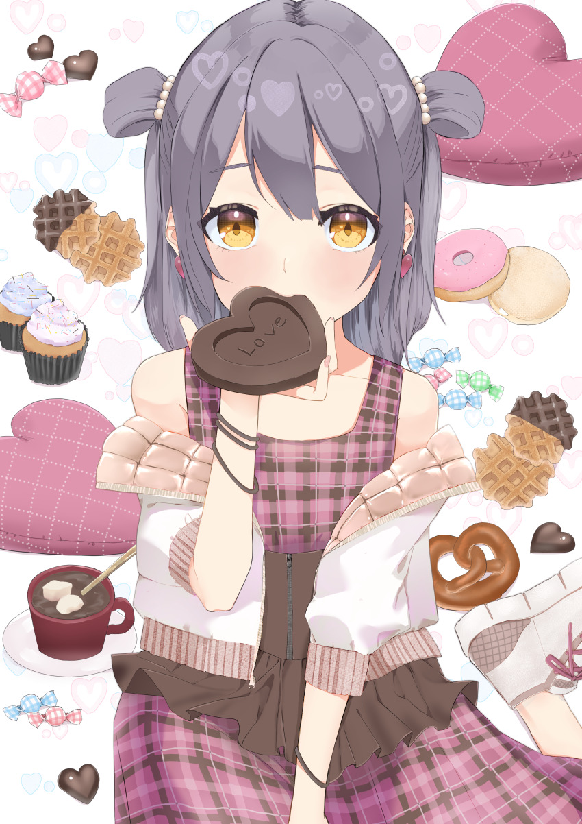 1girl absurdres bare_shoulders candy chocolate chocolate_heart commentary_request cropped_jacket cup cupcake donut dress eating food grey_hair hair_between_eyes hand_up heart heart-shaped_food heart_background highres holding holding_food jacket looking_at_viewer marshmallow mishima_ryo mug off_shoulder open_clothes open_jacket original pink_dress plaid_clothes plaid_dress pretzel puffy_short_sleeves puffy_sleeves shoes short_sleeves sleeveless sleeveless_dress solo white_background white_jacket white_shoes yellow_eyes