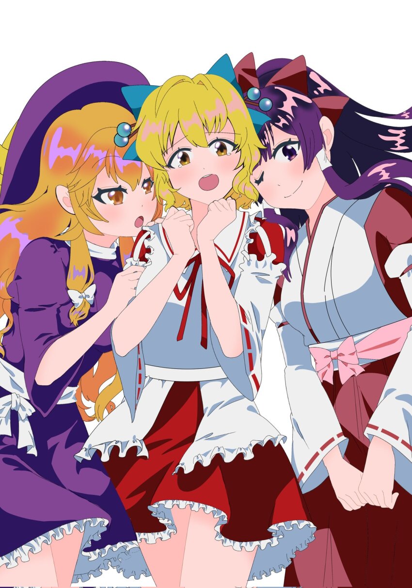 3girls blonde_hair blue_bow bow detached_sleeves dress frilled_skirt frills hair_bow hair_ornament hair_tubes hakama hakurei_reimu hakurei_reimu_(pc-98) hat highres holding_another&#039;s_arm japanese_clothes kataginu kimono kirisame_marisa kirisame_marisa_(pc-98) long_hair long_sleeves miko multiple_girls one_eye_closed open_mouth orange_eyes pink_bow purple_dress purple_eyes purple_hair red_bow red_hakama red_skirt ribbon satsuki_rin shizuku_hky short_hair skirt smile touhou touhou_(pc-98) white_background white_bow white_kimono wide_sleeves witch_hat yellow_eyes