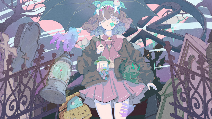 1girl absurdres aqua_eyes aqua_hat bare_tree black_jacket black_umbrella bow bowtie cake candle clenched_teeth cowboy_shot cross fangs food frilled_skirt frills gate ghost graveyard grey_eyes hat highres holding holding_umbrella jacket lantern large_bow long_sleeves looking_to_the_side medium_hair mouth_hold noka_works original pastel_colors red_bow red_bowtie red_skirt shirt skirt skull skull_ornament solo stitched_mouth stitches teeth tombstone transparent_hand tree umbrella white_shirt