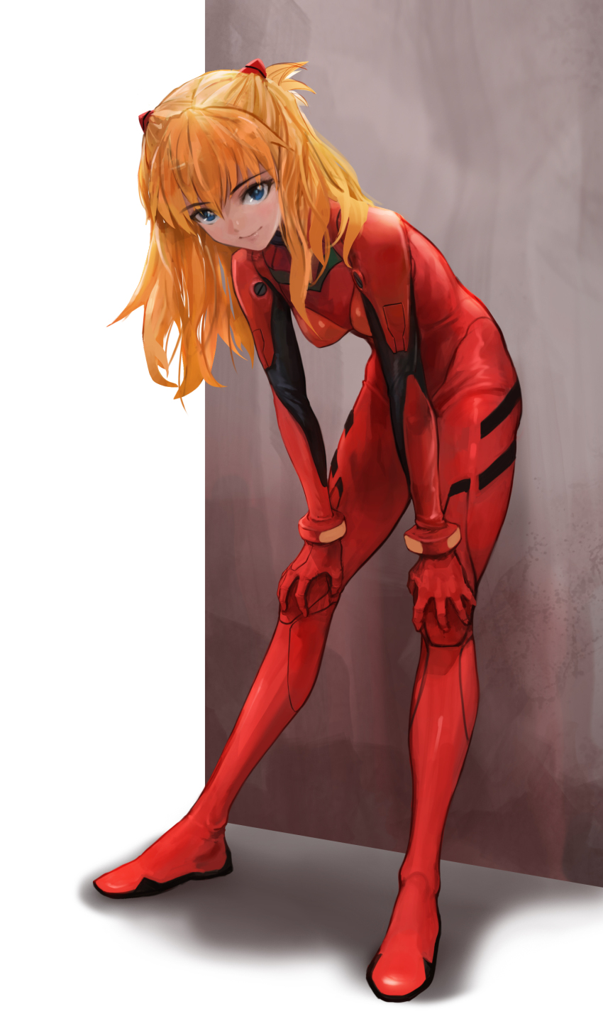 1girl blue_eyes boots breasts full_body hanging_breasts mecha_pilot_suit medium_breasts orange_hair plugsuit_(evangelion) smile souryuu_asuka_langley sterben twintails wall