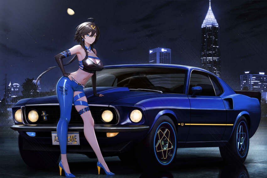 1girl absurdres ahoge alternate_costume asymmetrical_legwear azur_lane black_hair blue_eyes blue_pants blue_shoes breasts cleavage covered_erect_nipples eagle_union_(emblem) elbow_gloves fingerless_gloves ford_mustang ford_mustang_(1st_generation) full_body georgia_(azur_lane) gloves hair_between_eyes heterochromia high_heels highres kcar66t large_breasts latex_pants leaning_forward midriff navel night outdoors pants race_queen shoes solo star_(sky) yellow_eyes