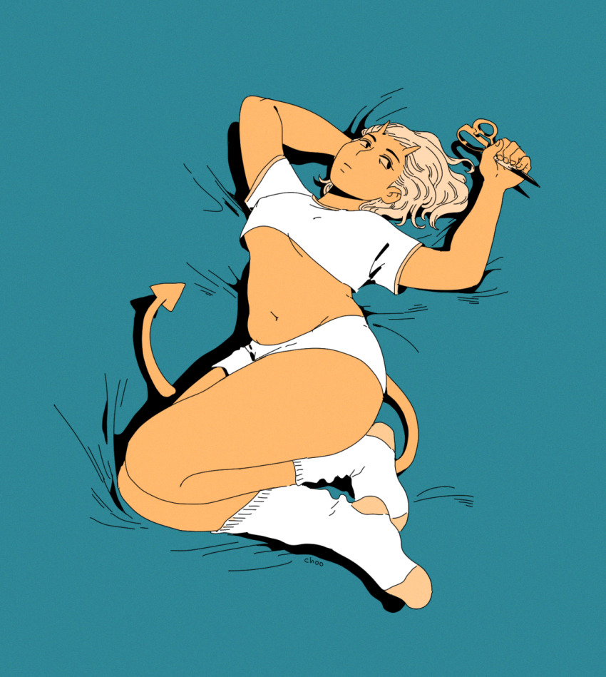 1girl blonde_hair blue_background breasts choo colored_sclera covered_erect_nipples crop_top demon_girl demon_horns demon_tail film_grain full_body highres holding holding_scissors horns lying medium_breasts medium_hair midriff navel on_back orange_sclera original scissors shirt short_hair short_shorts short_sleeves shorts signature simple_background socks solo t-shirt tail underboob white_shorts white_socks