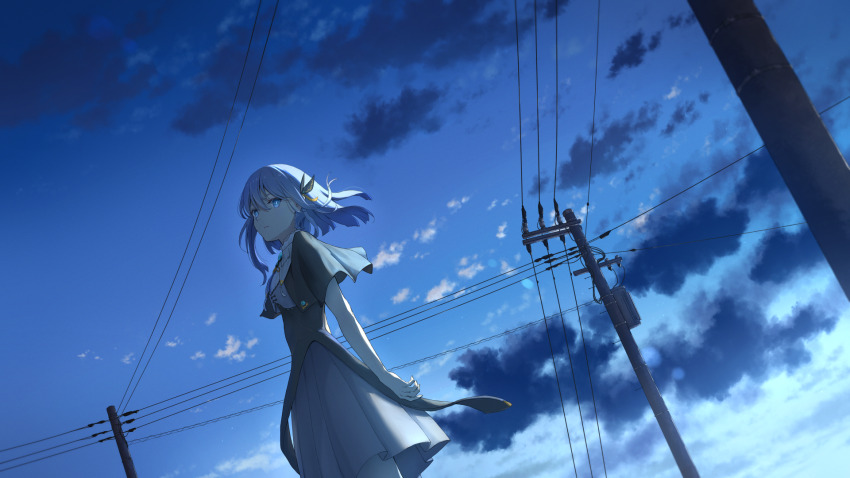 1girl anyotete blue_eyes blue_hair blue_sky brooch butterfly_hair_ornament ciel_(kamitsubaki_studio) cloud cowboy_shot dress expressionless floating_hair hair_ornament highres jewelry kamitsubaki_studio looking_at_viewer medium_hair outdoors power_lines short_sleeves sky solo transformer utility_pole virtual_youtuber wind