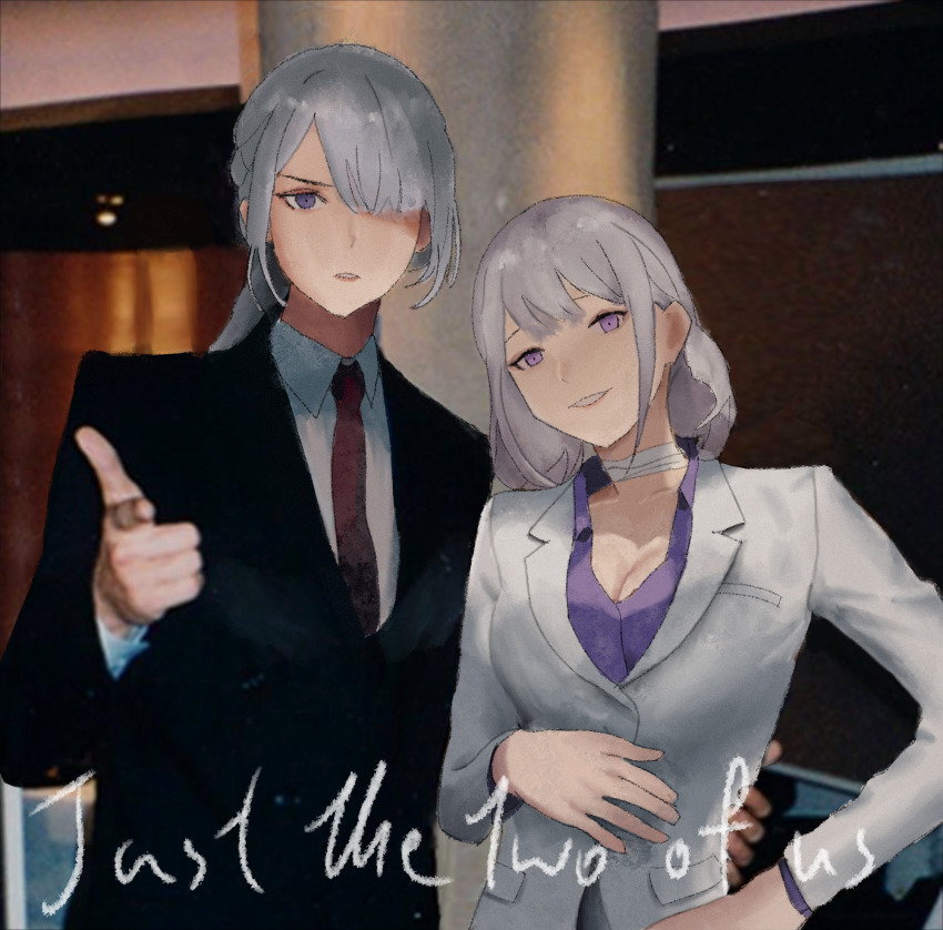 2girls ak-15_(erwin)_(girls&#039;_frontline) ak-15_(girls&#039;_frontline) bandaged_neck bandages black_jacket breasts business_suit cleavage collarbone commentary english_commentary english_text formal_clothes girls&#039;_frontline grey_hair hair_over_one_eye hand_on_another&#039;s_back hand_on_own_hip highres indoors jacket long_hair long_sleeves looking_at_viewer medium_breasts medium_hair multiple_girls necktie official_alternate_costume open_mouth parted_lips purple_eyes purple_shirt red_necktie rpk-16_(girls&#039;_frontline) rpk-16_(renate)_(girls&#039;_frontline) shirt smile suit upper_body white_jacket white_shirt wo_lai_diaoguo_yu
