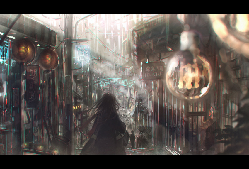 1girl absurdres battle_girl_high_school black_hair chromatic_aberration commentary_request crowd facing_away highres lamppost lantern letterboxed light_particles misaki_(battle_girl_high_school) outdoors paper_lantern people road sign street tamanegi_(12030028) translation_request utility_pole