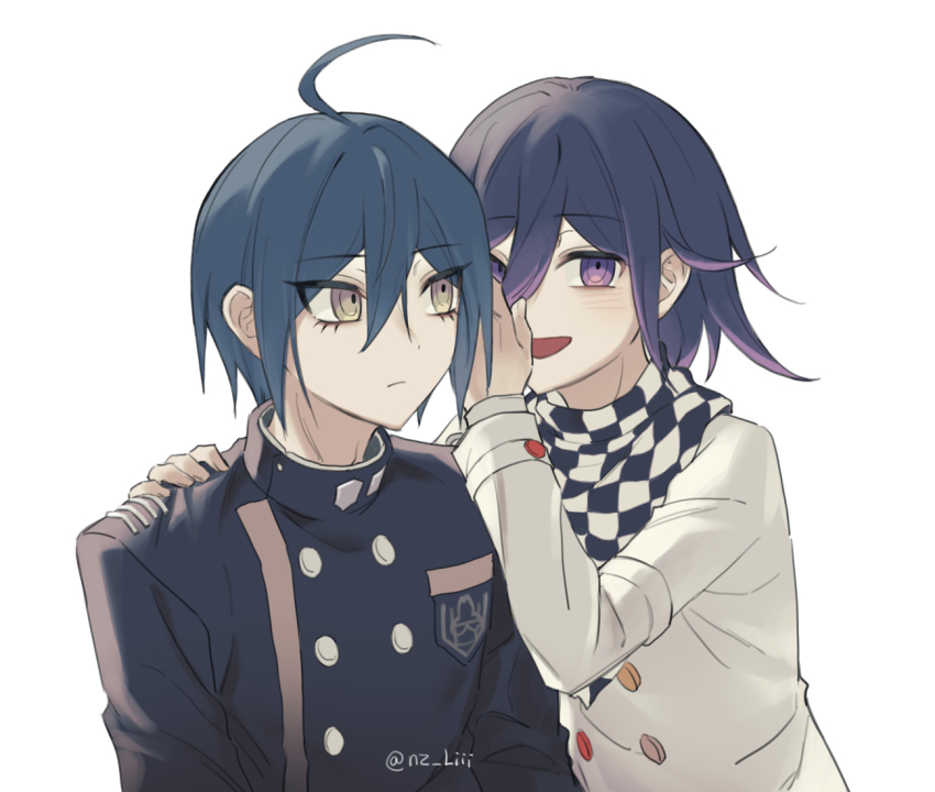 2boys ahoge black_hair blush buttons checkered_clothes checkered_scarf collared_jacket commentary_request danganronpa_(series) danganronpa_v3:_killing_harmony eyelashes flipped_hair hair_between_eyes hand_on_another&#039;s_shoulder jacket korean_commentary long_sleeves looking_at_viewer male_focus medium_hair multicolored_buttons multiple_boys nz_liii oma_kokichi open_mouth purple_eyes purple_hair ringed_eyes saihara_shuichi scarf short_hair simple_background smile twitter_username two-tone_scarf upper_body whispering whispering_in_ear white_background yaoi yellow_eyes