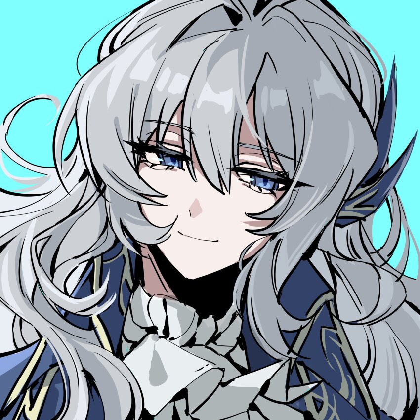 1boy absurdres argalia_(project_moon) ascot blue_cape blue_eyes blue_jacket blurry blurry_background cape closed_mouth gold_trim highres jacket library_of_ruina long_hair looking_at_viewer male_focus project_moon simple_background smile solo tachibana_limbu upper_body white_ascot white_hair