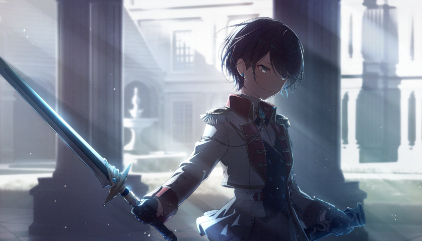 aiguillette black_gloves black_hair black_vest blue_gemstone brooch collared_shirt colorful_palette cropped_jacket earrings epaulettes fountain gem gloves highres holding holding_sheath holding_sword holding_weapon hoshino_ichika_(project_sekai) jacket jewelry light_particles official_alternate_costume official_alternate_hair_length official_alternate_hairstyle official_art pants pillar project_sekai relax_teatime_(project_sekai) sheath shirt short_hair smile sparkle sunlight swept_bangs sword third-party_source vest weapon white_jacket white_pants white_shirt