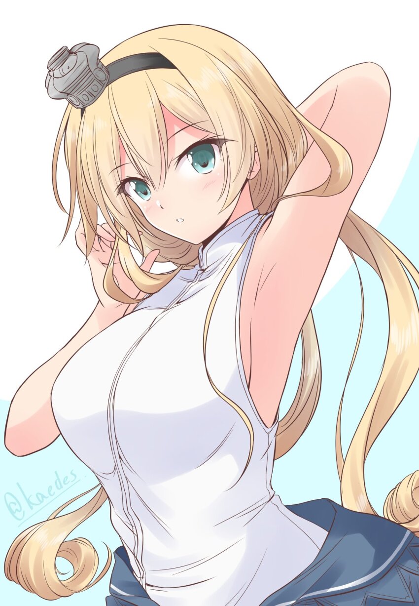1girl arm_up armpits artist_name black_hairband blonde_hair blue_eyes changing_clothes commentary_request crown dress hair_between_eyes hairband highres kantai_collection long_hair looking_at_viewer low-tied_long_hair mini_crown one-hour_drawing_challenge partially_undressed shirt shizuna_kaede sleeveless sleeveless_shirt solo upper_body valiant_(kancolle) white_dress
