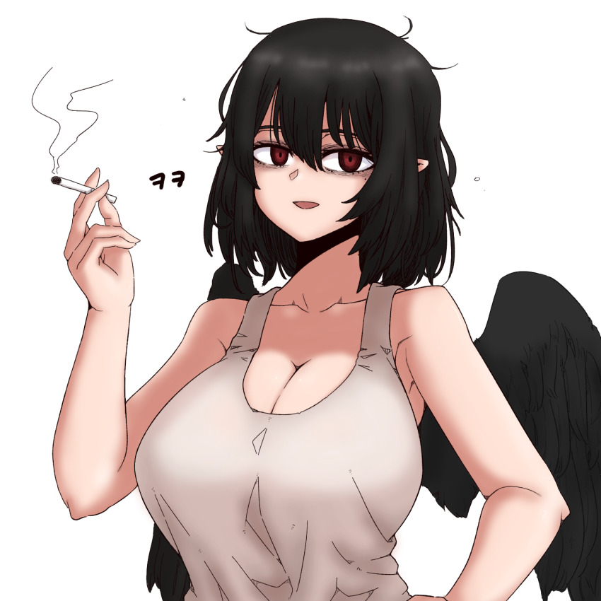 black_hair black_wings breasts colorized eyebags formicid hand_on_own_hip highres large_breasts open_mouth red_eyes shameimaru_aya smoke smoking tank_top tengu tired_eyes touhou wings