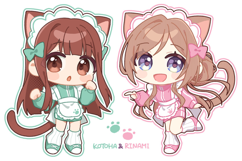 2girls :d animal_ears apron blue_eyes blush_stickers brown_eyes brown_hair cat_ears cat_girl cat_tail character_name chibi chobi_(penguin_paradise) commentary_request frilled_apron frills gakuen_idolmaster green_jacket green_shoes himesaki_rinami idolmaster idolmaster_million_live! in-franchise_crossover jacket jersey_maid kemonomimi_mode long_sleeves loose_socks maid multiple_girls open_mouth parted_lips pink_jacket pink_shoes pointing puffy_long_sleeves puffy_sleeves ribbed_socks shoes simple_background smile socks tail tanaka_kotoha track_jacket unconventional_maid white_apron white_background white_socks