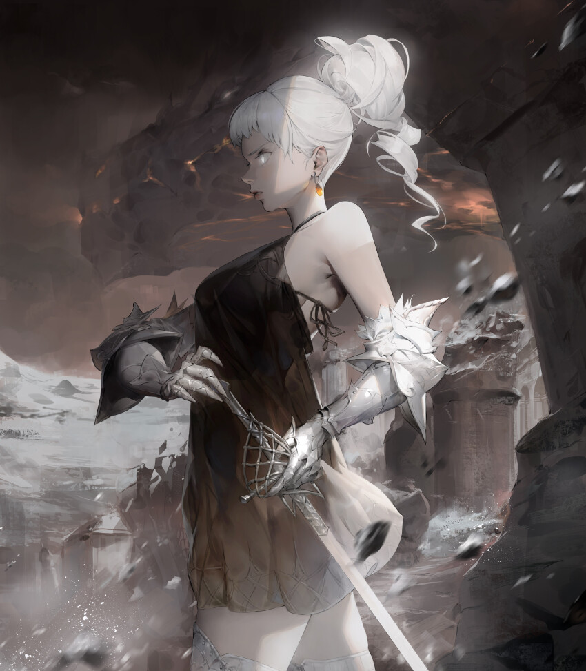 1girl absurdres bare_shoulders black_dress commentary debris dragon dress drill_hair drill_ponytail earrings english_commentary from_side gauntlets glowing glowing_eye highres holding holding_sword holding_weapon jewelry jung_wonjo original parted_lips pillar ponytail profile rapier ruins serious solo sword teeth weapon western_dragon white_eyes white_hair
