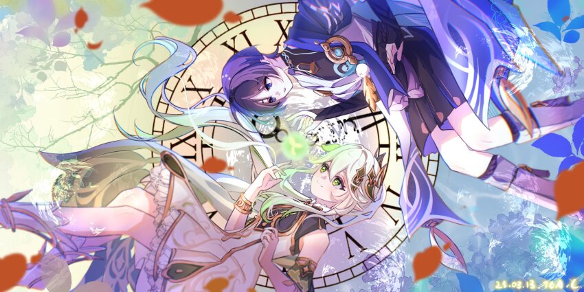 1boy 1girl alternate_height anemo_symbol_(genshin_impact) anklet armlet armor belt black_belt black_bodysuit black_bridal_gauntlets black_rope black_shorts black_socks blue_cape blue_gemstone blue_kimono blue_sleeves blunt_ends bodysuit bracelet bridal_gauntlets bright_pupils cape clock closed_mouth cross-shaped_pupils detached_sleeves dress eyelashes eyeliner eyeshadow falling_petals feathers feet_out_of_frame frilled_skirt frills fringe_trim furisode gem genshin_impact glowing_markings gold gold_trim gradient_hair green_cape green_eyes green_hair green_sleeves hair_between_eyes hair_intakes hakama hakama_shorts han&#039;eri hand_up highres japanese_armor japanese_clothes jewelry kimono kote kurokote layered_kimono layered_sleeves leg_warmers long_hair looking_at_another makeup mandarin_collar multicolored_hair nahida_(genshin_impact) open_clothes open_hands open_kimono open_mouth parted_bangs petals pleated_shorts pom_pom_(clothes) purple_eyes purple_hair red_eyeliner red_eyeshadow rope rose_petals scaramouche_(genshin_impact) short_sleeves shorts shoulder_peek side_ponytail sidelocks skirt smile socks symbol-shaped_pupils tea0119_c wanderer_(genshin_impact) white_dress white_footwear white_hair white_kimono white_leg_warmers white_mouth white_pupils white_sleeves white_trim yellow_feathers