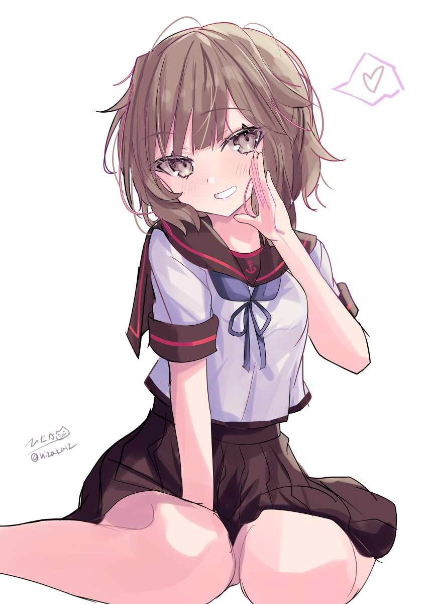 1girl absurdres anchor_print between_legs black_sailor_collar black_skirt blue_neckerchief blunt_bangs blush brown_eyes brown_hair commentary cropped_shirt hand_between_legs hand_up heart highres hizaka kantai_collection looking_at_viewer medium_hair messy_hair miyuki_(kancolle) miyuki_kai_ni_(kancolle) neckerchief one-hour_drawing_challenge open_mouth pleated_skirt sailor_collar shirt short_sleeves signature simple_background sitting skirt smile solo speech_bubble spoken_heart teeth twitter_username wariza white_background white_shirt